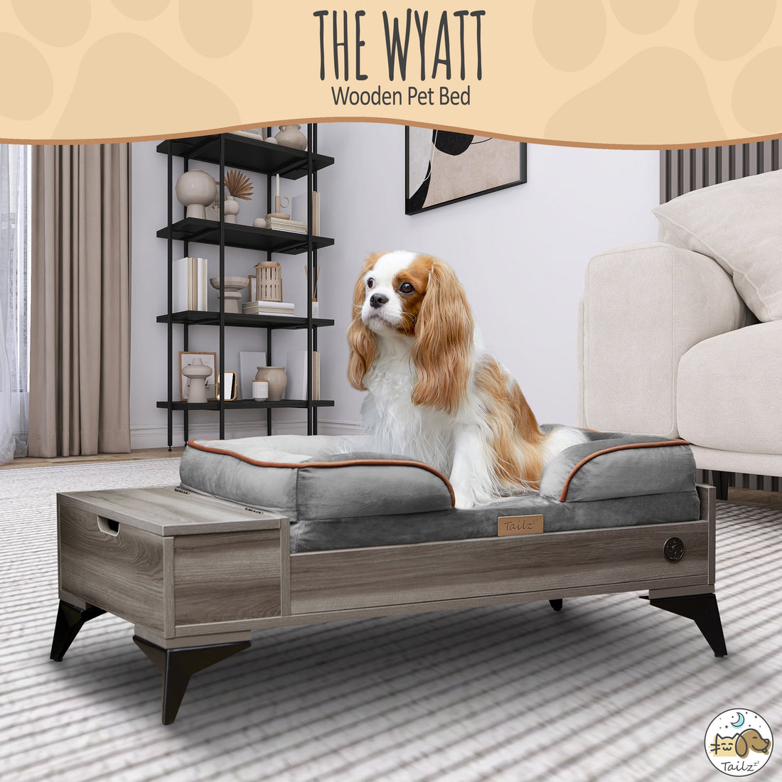 TailZzz Wyatt Elevated Wooden Pet Bed with Plush Mattress | Stylish & Functional Bed for Small to Medium Dogs | Greenguard Gold Certified & Water-Resistant Design