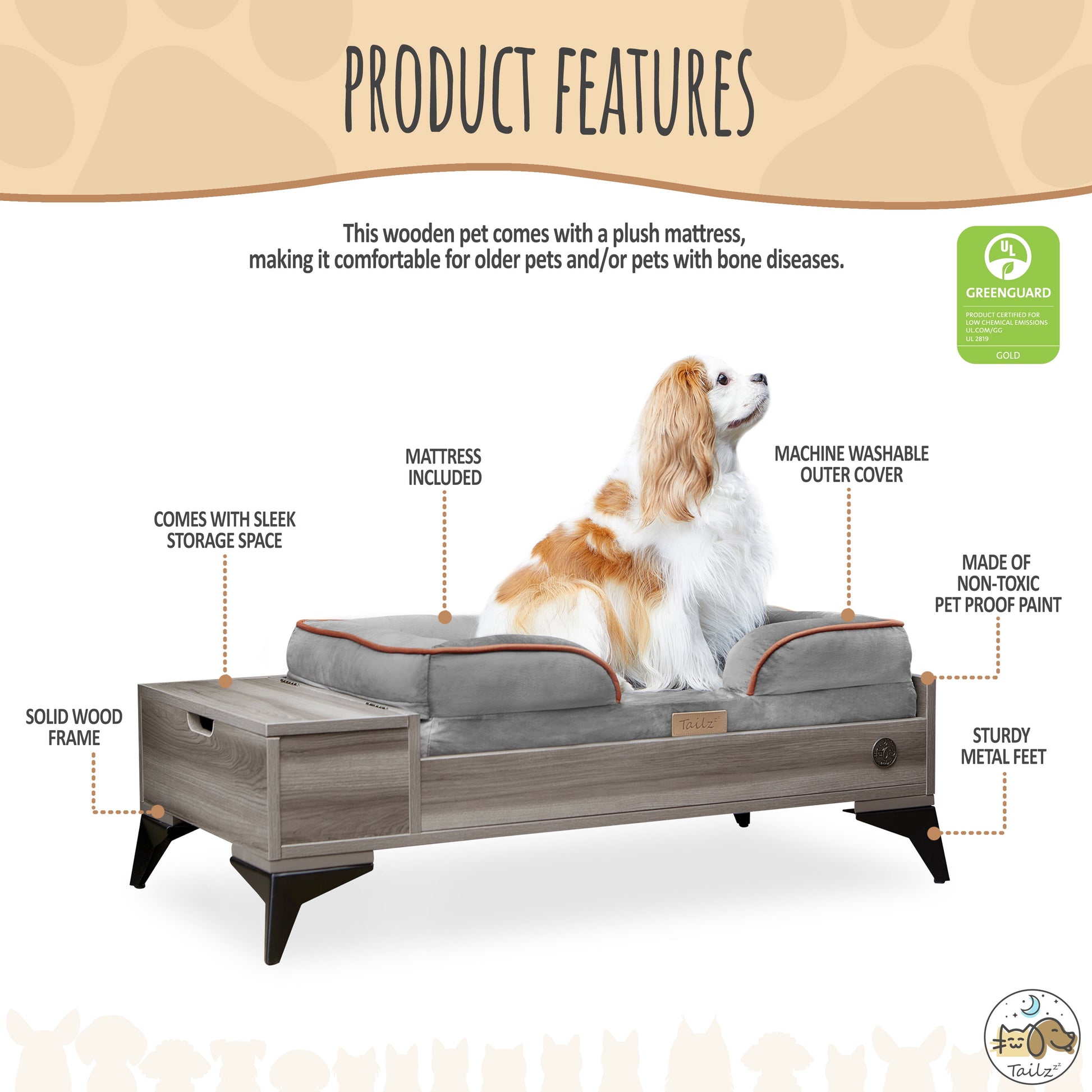 TailZzz Wyatt Elevated Wooden Pet Bed with Plush Mattress | Stylish & Functional Bed for Small to Medium Dogs | Greenguard Gold Certified & Water-Resistant Design
