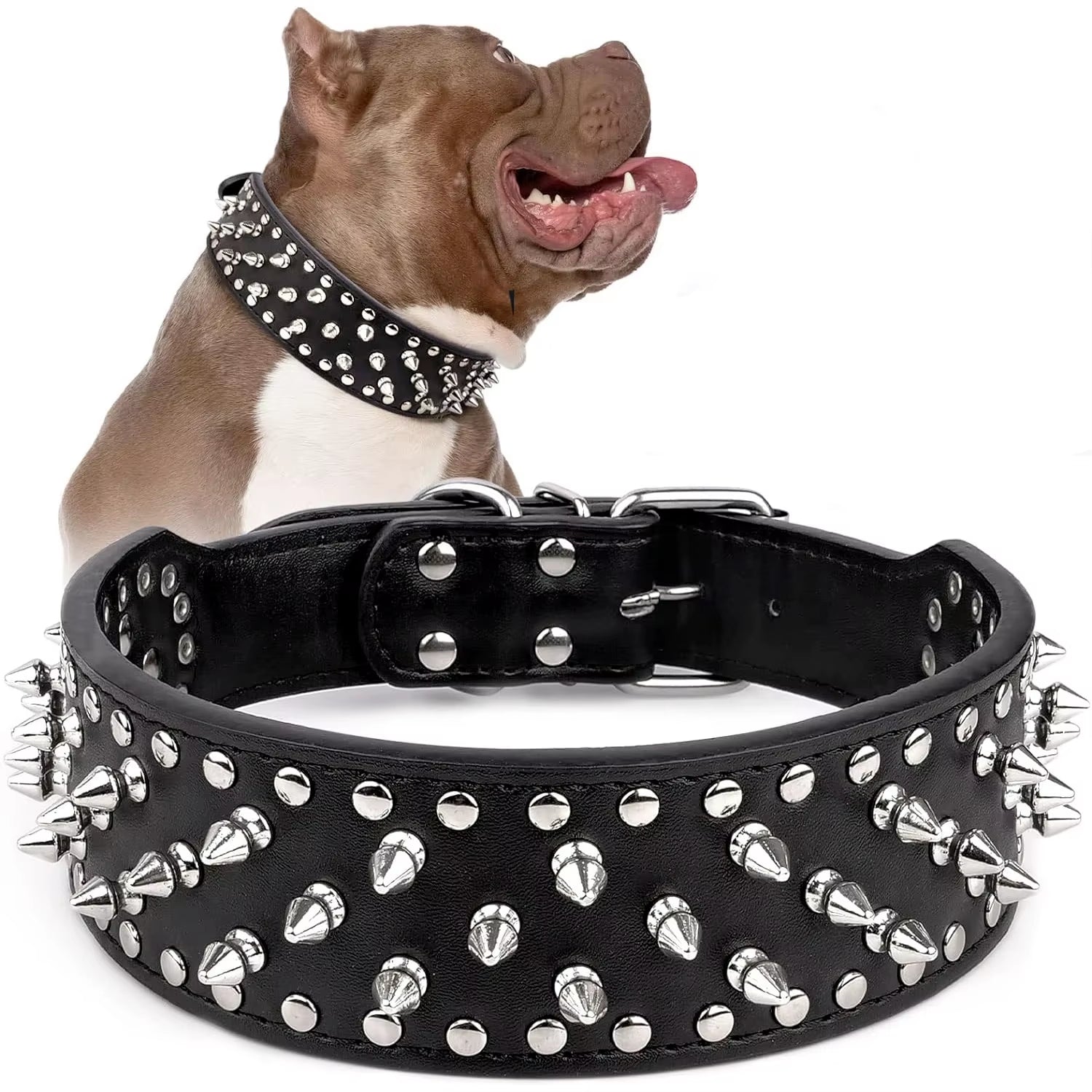 Stylish 2-Inch Wide Spiked Studded Leather Dog Collar for Medium to Large Breeds - Perfect for Pitbulls, Mastiffs, and Boxers!