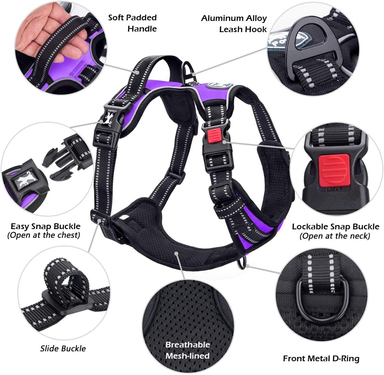 Ultimate No Pull Dog Harness - Adjustable, Reflective & Comfortable Vest for All Breeds (Purple, Medium)