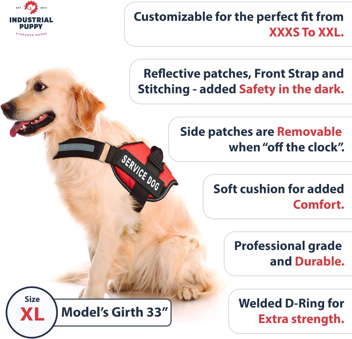 Ultimate Service Dog Vest - Bright Red Harness with Reflective Patches, Comfortable Mesh Design & Versatile Features for All Breeds