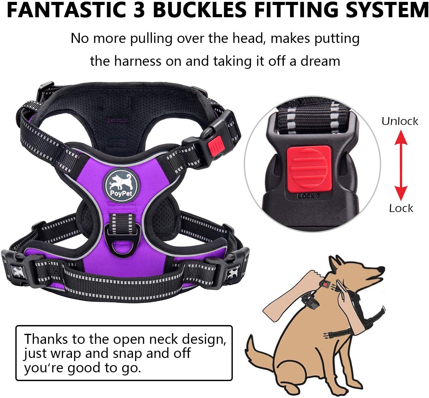 Ultimate No Pull Dog Harness - Adjustable, Reflective & Comfortable Vest for All Breeds (Purple, Medium)