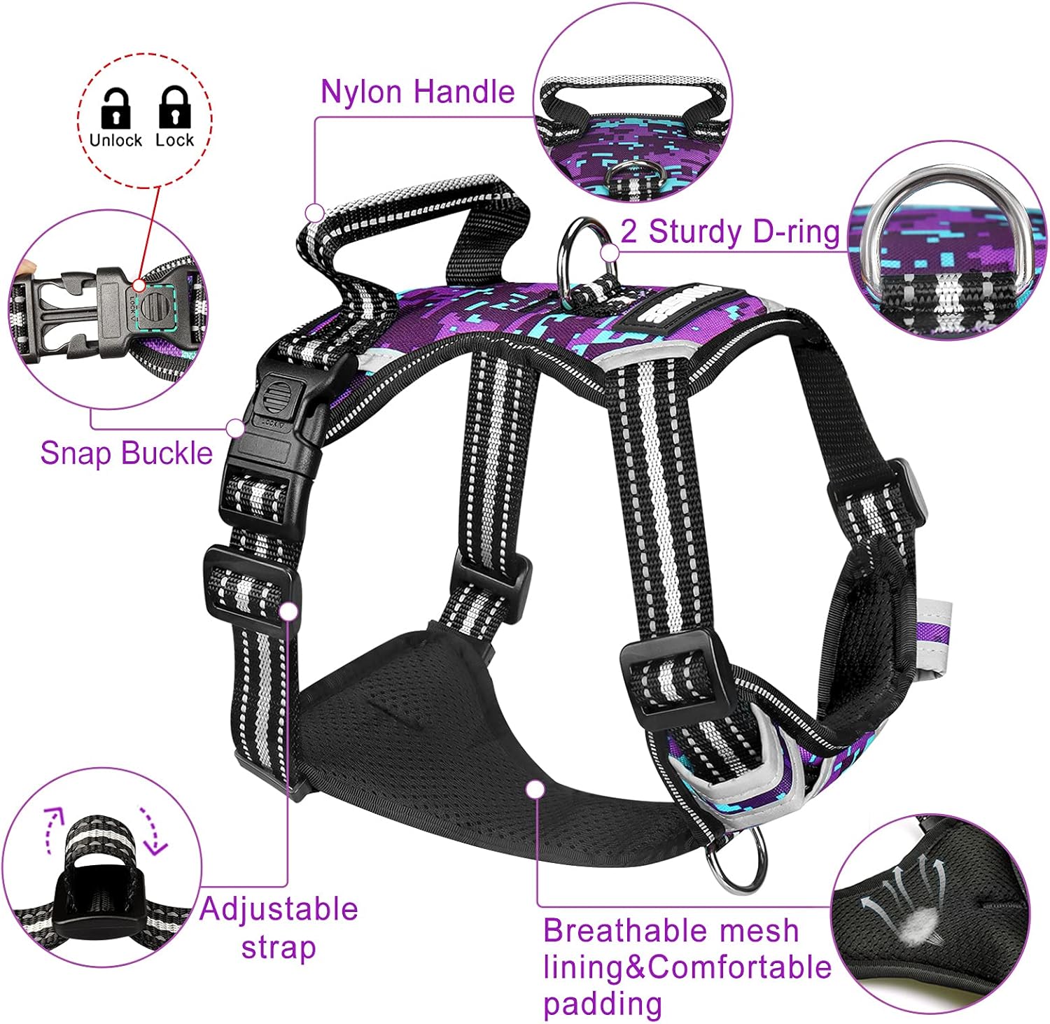 No Pull Dog Harness with Adjustable Reflective Oxford Vest and Lockable Collar - Perfect for Small to Extra Large Dogs