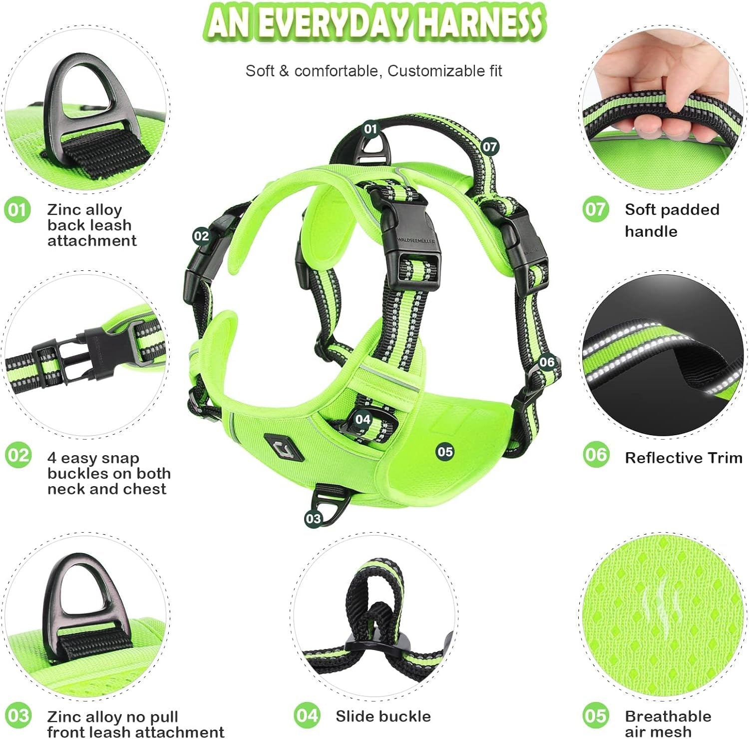 Waldseemuller Adjustable No Pull Dog Harness - Perfect Fit for Medium to Large Dogs, Easy Walk Design with Reflective Straps and 4 Buckles