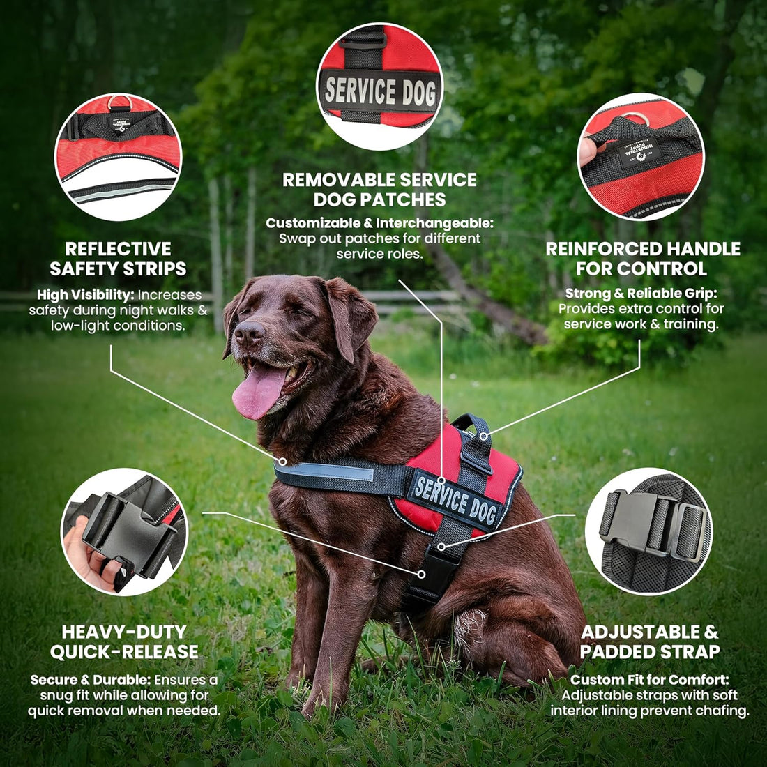 Ultimate Service Dog Vest - Bright Red Harness with Reflective Patches, Comfortable Mesh Design & Versatile Features for All Breeds