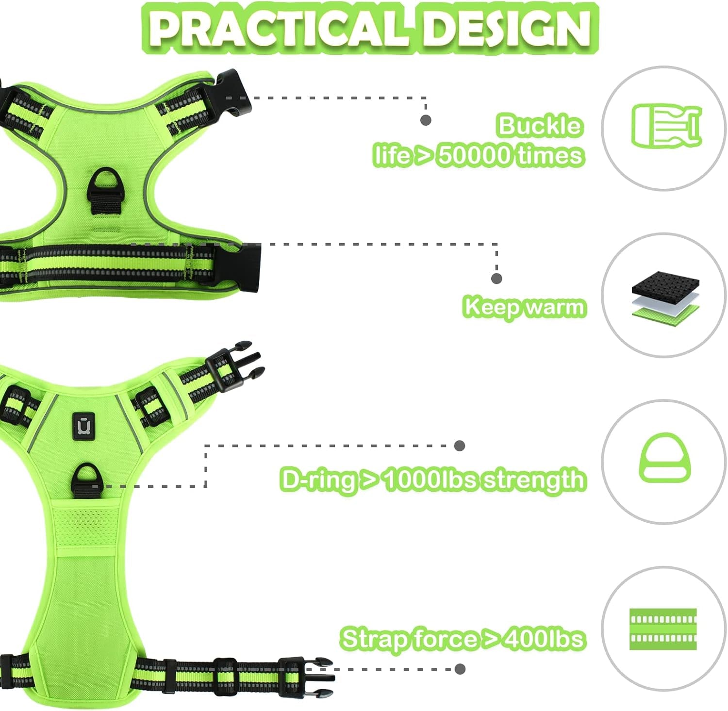 Waldseemuller Adjustable No Pull Dog Harness - Perfect Fit for Medium to Large Dogs, Easy Walk Design with Reflective Straps and 4 Buckles