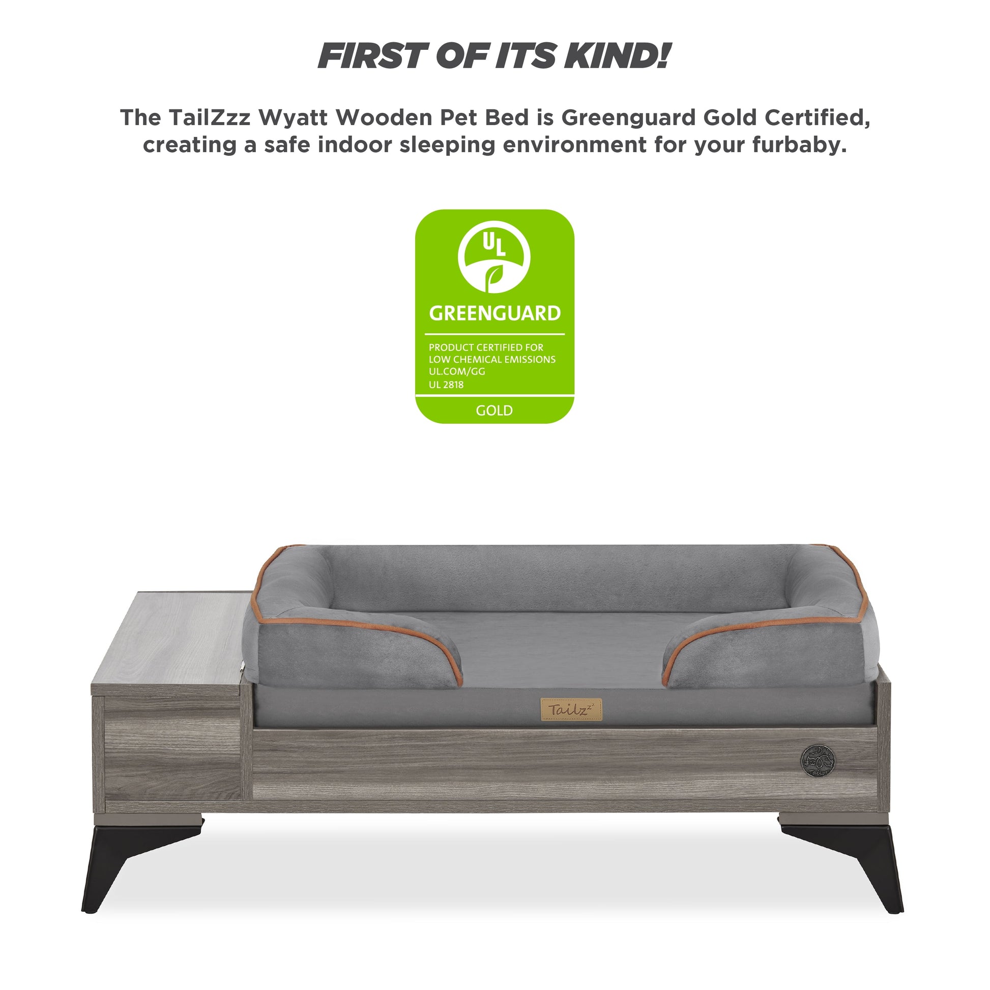 TailZzz Wyatt Elevated Wooden Pet Bed with Plush Mattress | Stylish & Functional Bed for Small to Medium Dogs | Greenguard Gold Certified & Water-Resistant Design