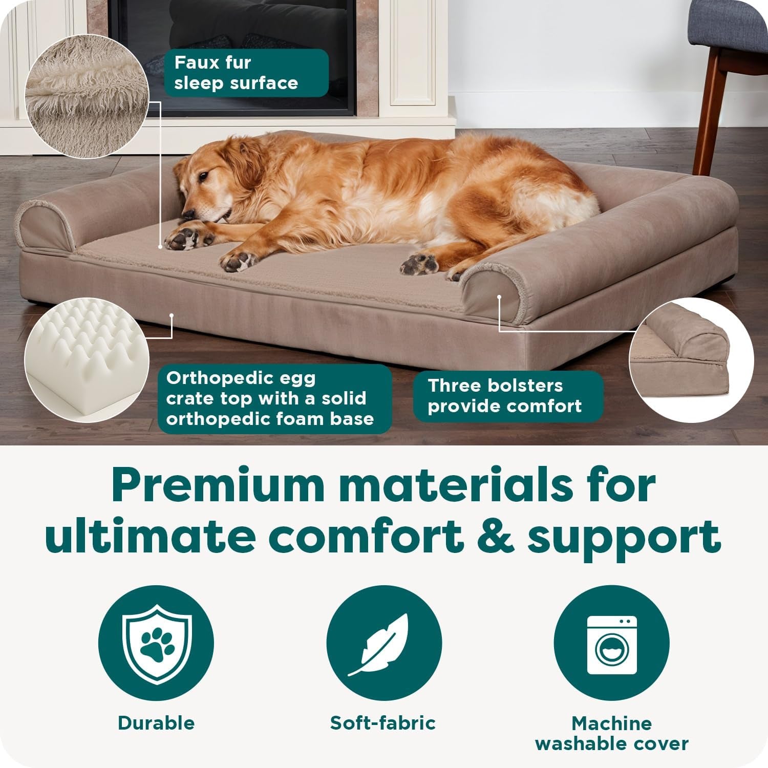 Luxurious Orthopedic Dog Bed with Removable Bolsters & Washable Cover - Perfect for Large Dogs up to 95 lbs - Stylish Woodsmoke Color