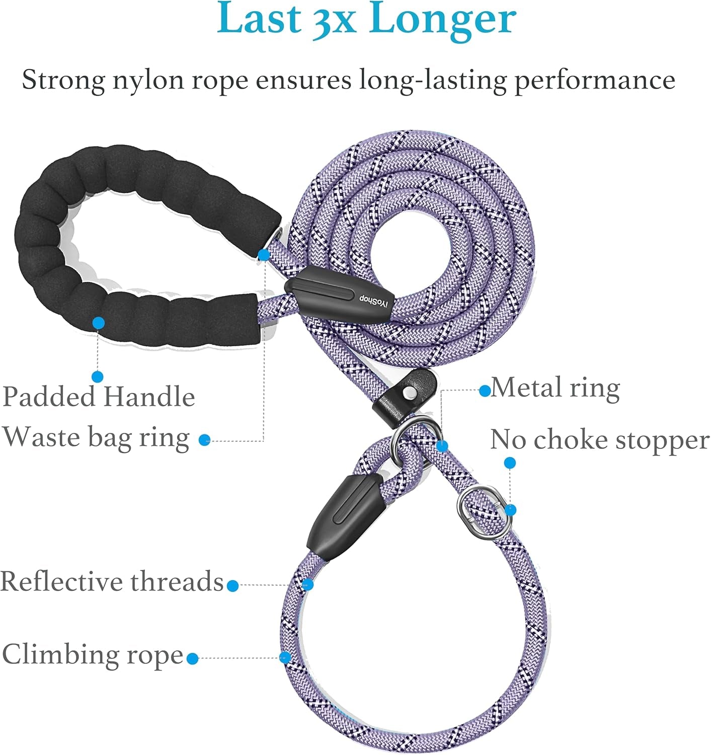 Durable Slip Lead Dog Leash with Padded Handle and Highly Reflective Threads, No Pull Dog Training Leash, (1/2" X 6 FT, Lavender)