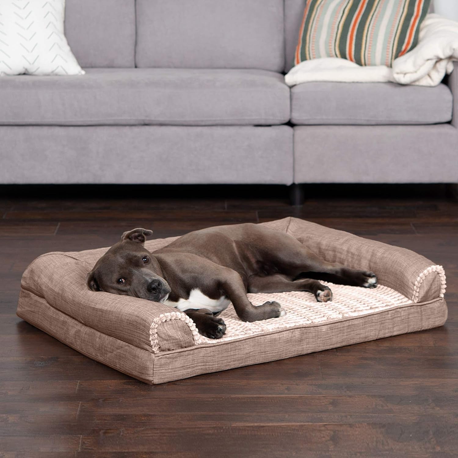 Luxurious Orthopedic Dog Bed with Removable Bolsters & Washable Cover - Perfect for Dogs Up to 55 Lbs - Soft Faux Fur & Performance Linen in Woodsmoke