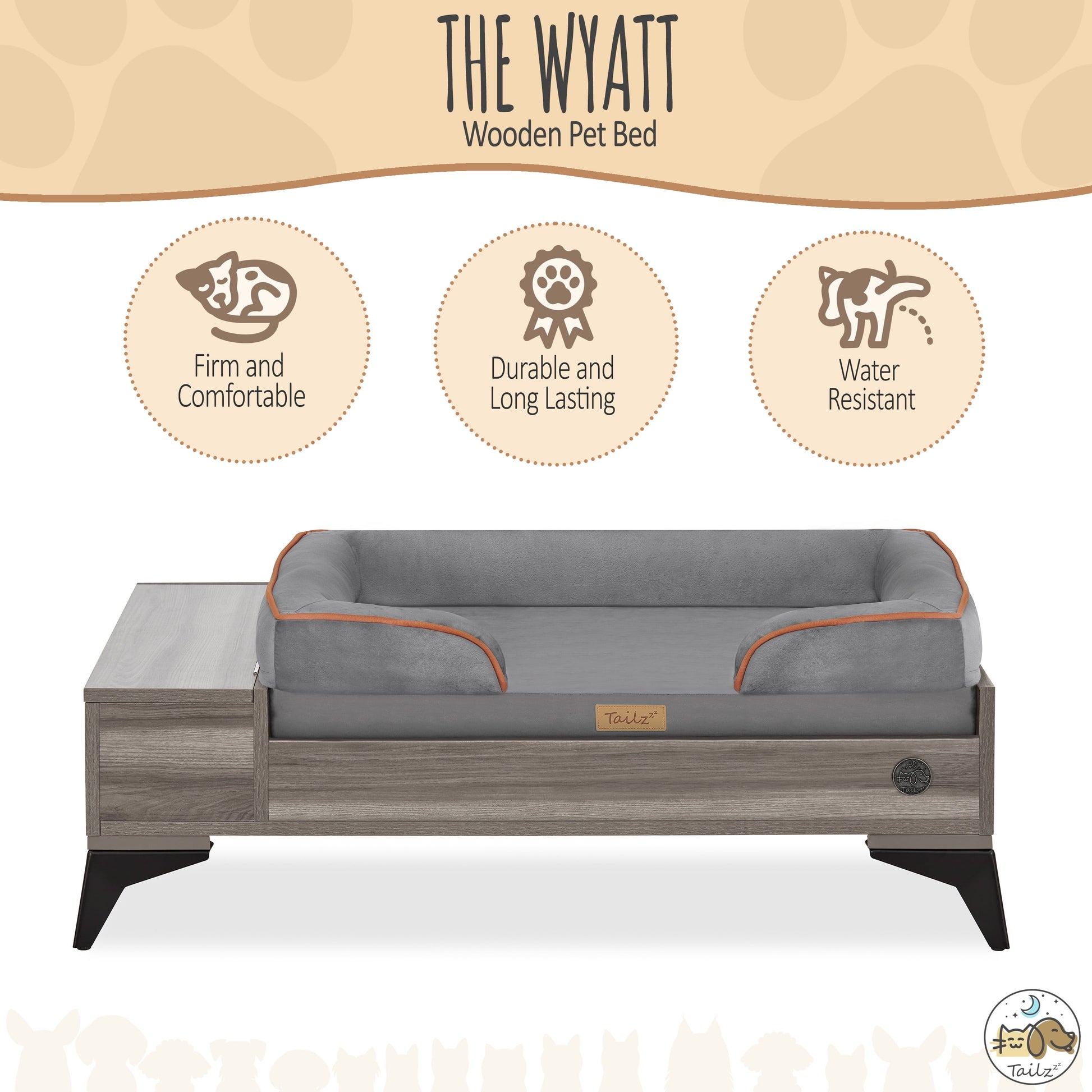 TailZzz Wyatt Elevated Wooden Pet Bed with Plush Mattress | Stylish & Functional Bed for Small to Medium Dogs | Greenguard Gold Certified & Water-Resistant Design