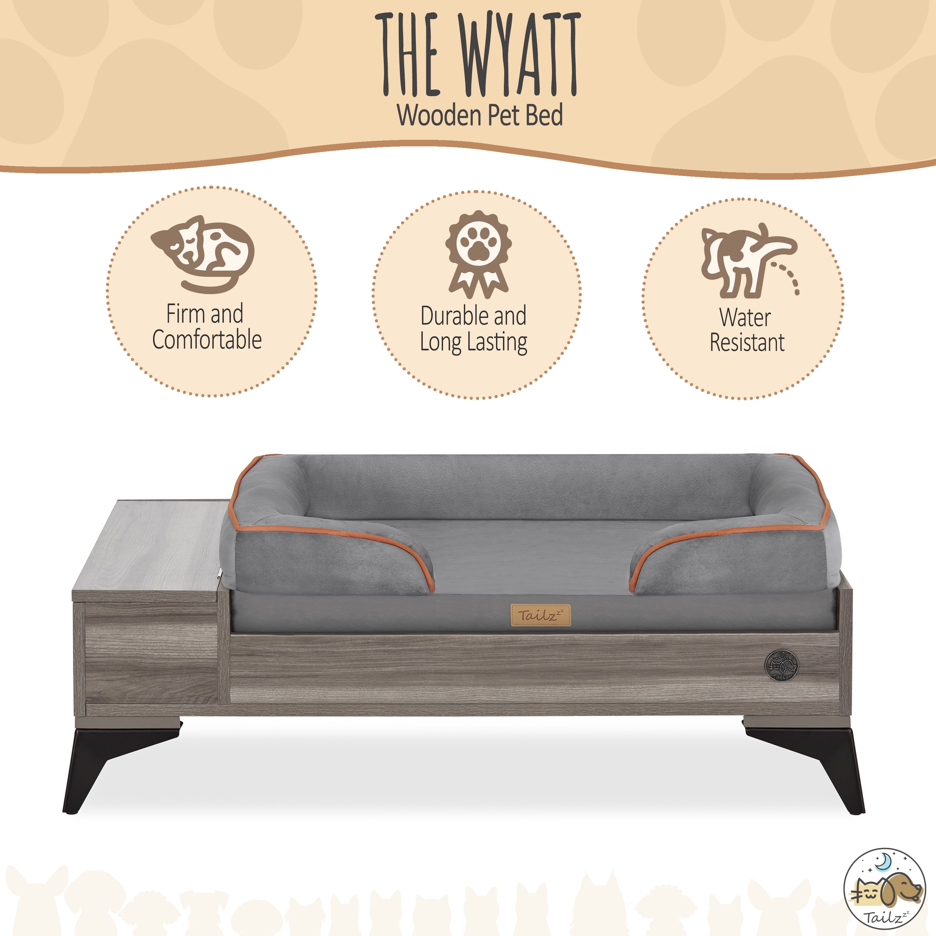 TailZzz Wyatt Elevated Wooden Pet Bed with Plush Mattress | Stylish & Functional Bed for Small to Medium Dogs | Greenguard Gold Certified & Water-Resistant Design